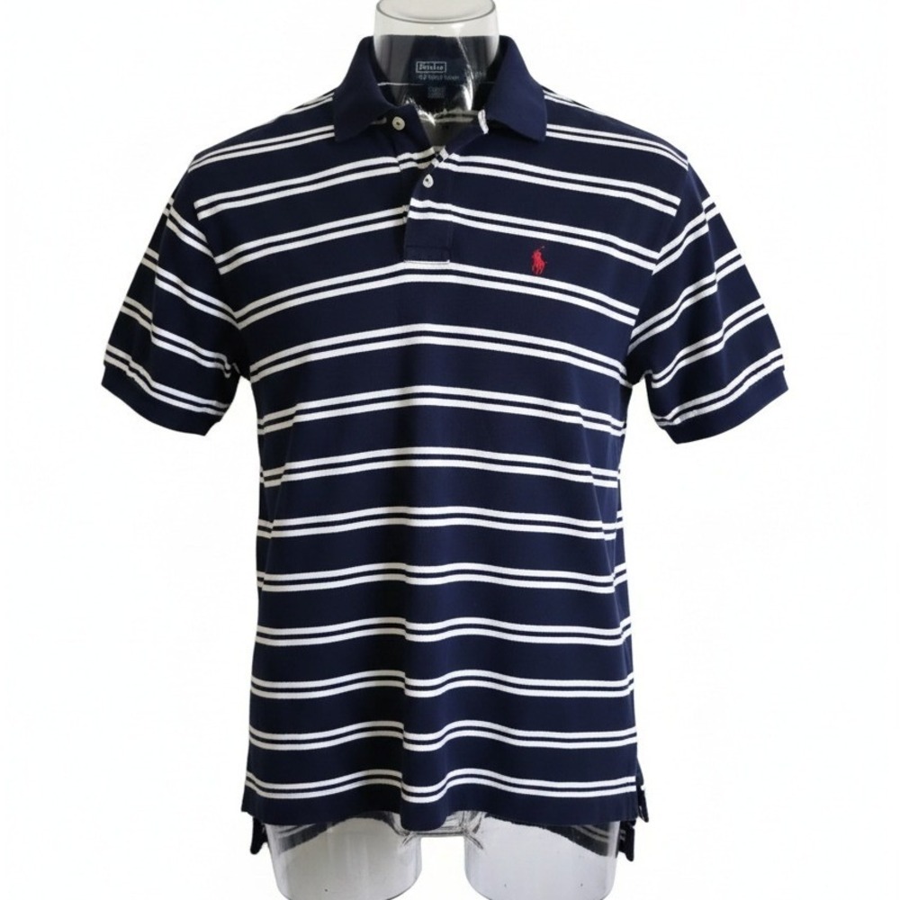 Polo Ralph Lauren Men's XXL Y2K Navy White Stripe Short Sleeve Polo Shirt Cotton